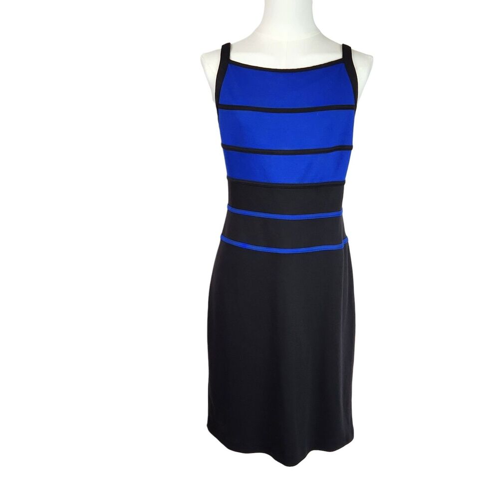 White House Black Market Striped Sheath Dress Size 8 Blue Black Colorblock Mod